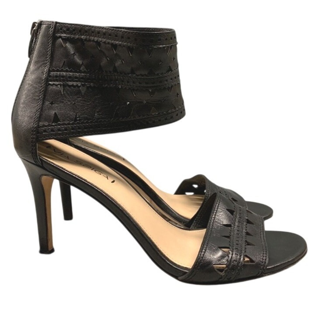 Via Spiga Ankle Cuff Stiletto Heel Sandals Womens 10M Black Leather Open Toe